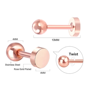 Detailansicht Rosegold Edelstahl Labret mit flacher Rückseite und Twist Verschluss Maße
