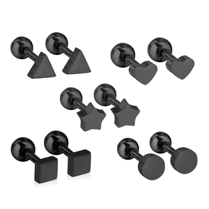 Schwarzes Edelstahl-Ohrstecker-Set mit geometrischen Herz-, Stern- und runden Formen
