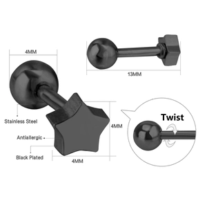 Details von schwarz beschichtetem Edelstahl Stern-Ohrstecker mit Twist-Schraubverschluss