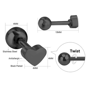 Detailansicht der 4mm schwarz beschichteten Edelstahl-Herzohrringe mit Kugelverschluss