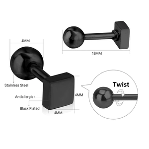 Detail eines schwarzen 4mm Edelstahlohrsteckers mit Größenangaben und Schraubverschluss