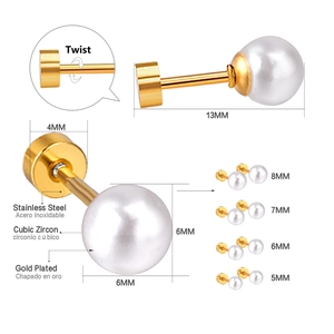 Detail view of gold-plated stainless steel pearl earrings with twist closure and dimensions