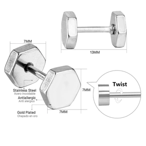 Macro detail of 7mm stainless steel hex nut earrings with secure twist-lock screw design