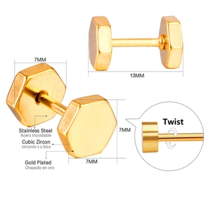 Detailed views of gold-plated stainless steel hexagonal stud earrings with cubic zirconia