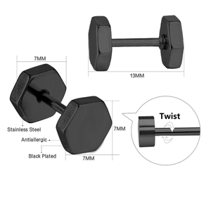 Detailed dimensions of black stainless steel hexagonal bolt stud earrings with screw back