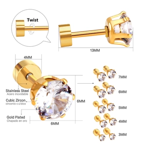 Detailed view of gold plated stainless steel screw back earrings in various sizes