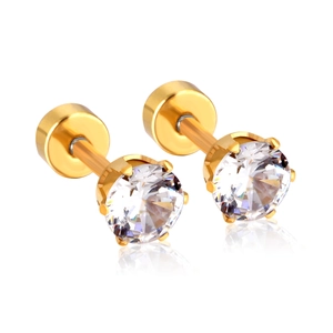 Gold stainless steel stud earrings with round white zirconia in a six-prong setting
