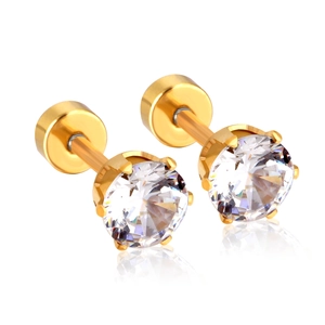 Classic gold-plated stainless steel stud earrings with round brilliant-cut white zircon