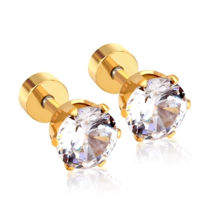 Pair of gold stainless steel stud earrings featuring round white cubic zirconia stones