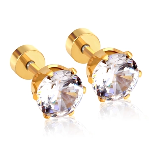 Gold stainless steel screw back stud earrings with large round cubic zirconia stones