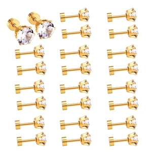 Set of 10 pairs of golden stainless steel stud earrings with round clear zircon stones