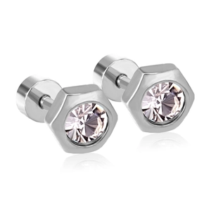 Classic silver hexagon nut stud earrings with round white cubic zirconia inlay