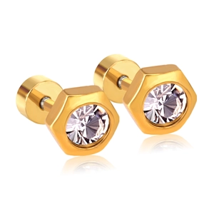 Hexagon Nut Stud Earrings Stainless Steel Cubic Zirconia Screw Back Minimalist Industrial Style Jewelry For Women
