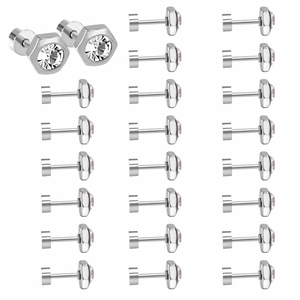 Classic silver hexagonal stud earrings set with clear zircon stones and flat back screw design