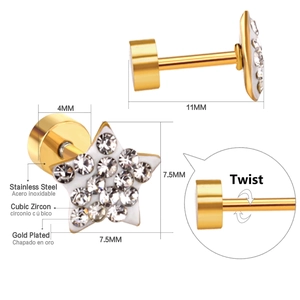 Gold plated stainless steel star earrings with cubic zirconia and secure twist backings