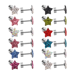 Star-shaped stainless steel stud earrings set with colorful rhinestones and flat backs