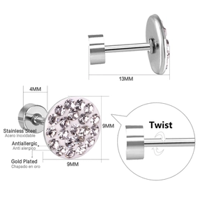 Technical diagram of 9mm round gold-plated stud earring with screw back and dimensions