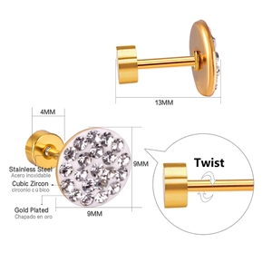 Gold stainless steel stud earrings with 9mm cubic zirconia flower and twist back closure