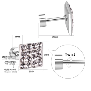 Detail of square stainless steel stud earrings with twist closure and crystal inlay