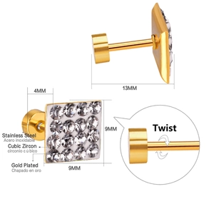 Detailed view of 9x9mm square gold plated stainless steel stud earrings with cubic zirconia