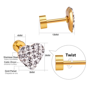 Detail view of heart-shaped gold-plated stainless steel earrings with cubic zirconia