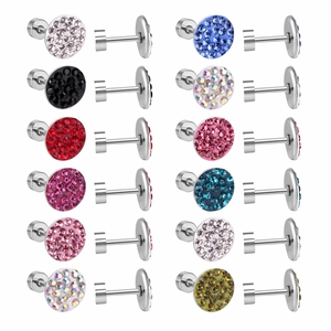 Detail view of colorful crystal stud earrings set in a stainless steel barbell screw design