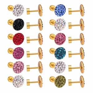 Macro detail of 12-color variety crystal stud earrings with screw-back closures