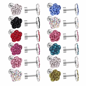 Macro detail of 12-piece mixed color clay flower stud earrings with flat back screw design