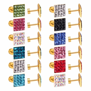 Detail of 12 pairs of square crystal stud earrings with screw backs in assorted colors