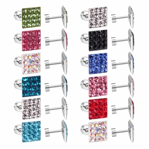 Square pave-set zircon stud earrings set in twelve vibrant colors with steel posts
