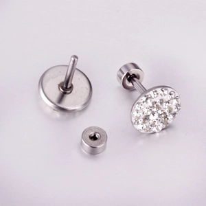 Detail view of round clay crystal stud earrings with secure screw back closure design
