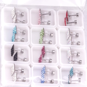 Detailed set of 12 pairs multi-color rhinestone stud earrings in geometric shapes