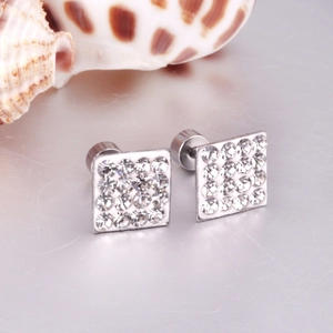Close-up of square silver stud earrings featuring full pavé set brilliant cut cubic zirconia
