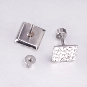 Detail of square silver stud earrings with cubic zirconia and secure screw back design