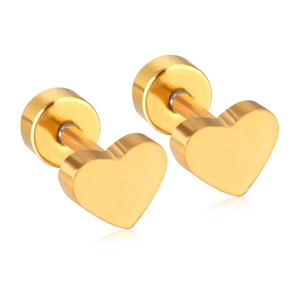 Boucles d'oreilles cœur dorées en acier inoxydable poli sur fond blanc impeccable