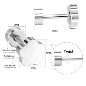Boucles d'oreilles fleurs 6mm en acier inoxydable avec fermoir à vis et dimensions