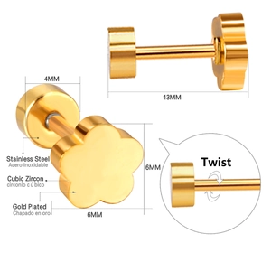 Détail du clou d'oreille fleur 6mm en acier inoxydable plaqué or avec zircone cubique