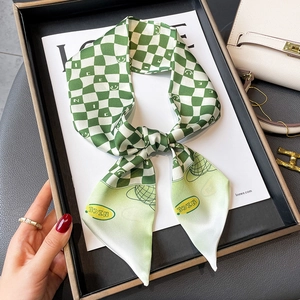 Checkerboard Skinny Scarf Satin Like Satin Twilly For Women Smiley Face Pattern Fashion Neck Tie Headband Hair Ribbon