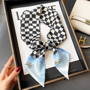 Checkboard pattern skinny silk scarf with smile print and nice text in blue finish