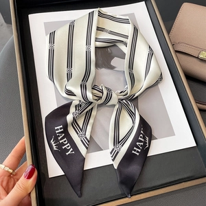 Classic black and white striped skinny silk scarf with Happy text and crown pattern