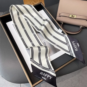 Fashion Striped Skinny Scarf Satin Feeling Polyester Twill Multi Purpose Bag Wrap Hair Band Happy Letter Crown Print