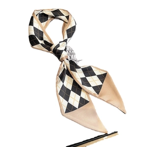 Elegant diamond pattern narrow long silk scarf for hair and neck decoration