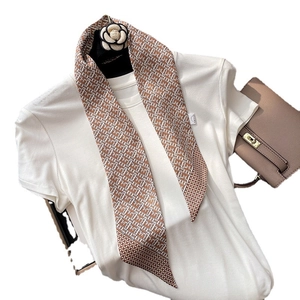 Brown and white geometric pattern narrow silk twilly scarf with diagonal cut ends