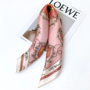 Elegant mulberry silk scarf with retro horse carriage pattern in dusty rose pink
