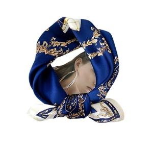 Vintage horse carriage silk scarf with blue and cream baroque patterns on white background