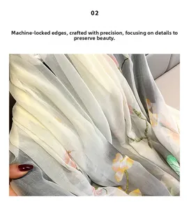 Detailed macro view of floral print scarf featuring machine-locked edges on soft fabric