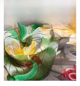 Macro detail of silk scarf showing lotus print texture and Montaigne Paris text