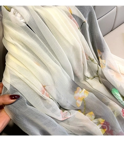 Detailed texture of lightweight lotus print shawl with sheer fabric and elegant finish