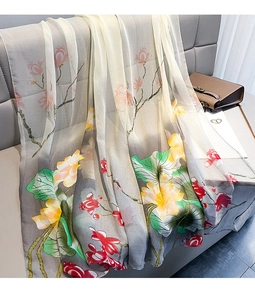 Detail view of lightweight translucent silk scarf with gradient lotus flower prints