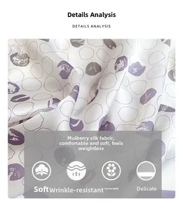 Detailed view of mulberry silk fabric showing purple floral pattern and soft texture